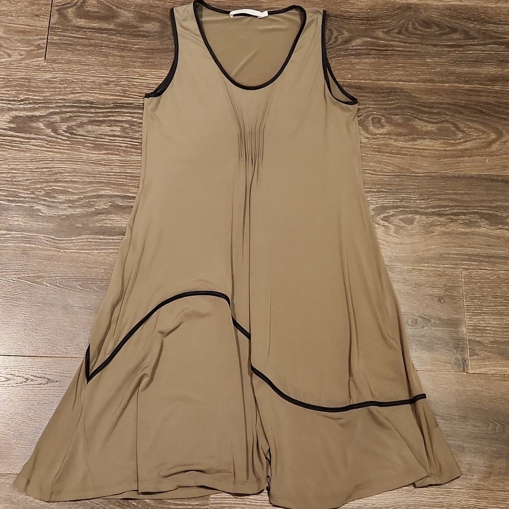 ❤️ LAUREN VIDAL BEIGE TANK MIDI DRESS WITH BLACK TRIM, LARGE